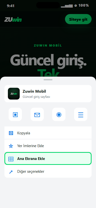 Safari Paylaş menüsündeki Ana Ekrana Ekle seçeneği